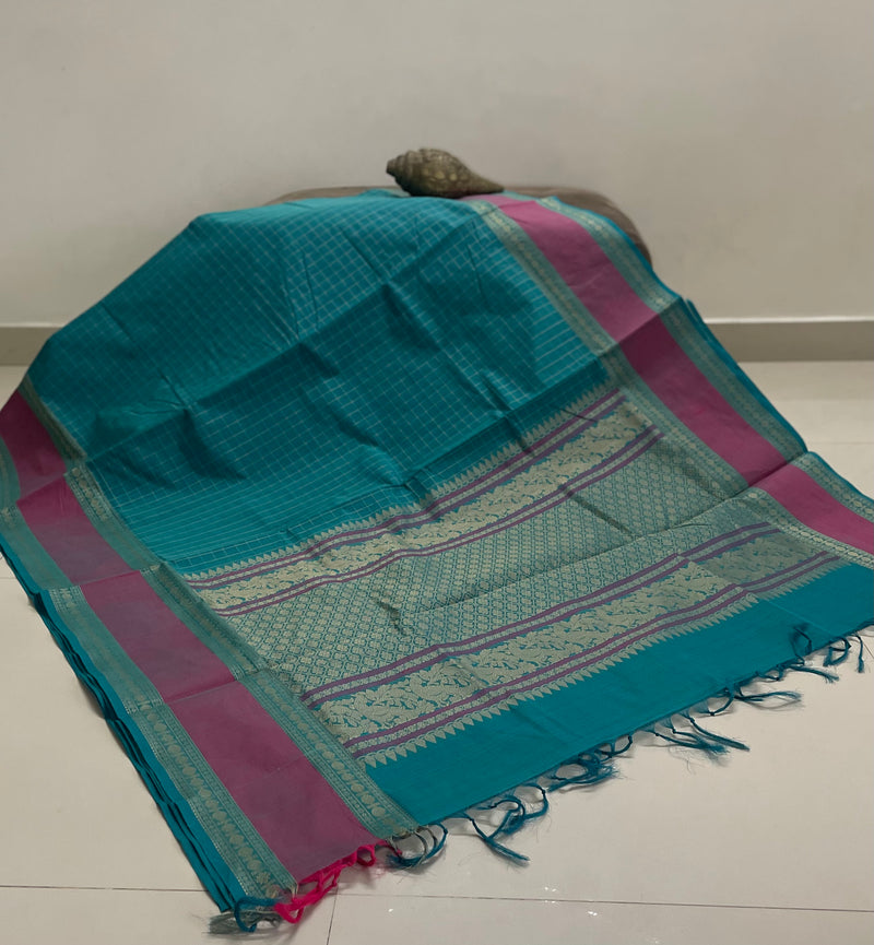 Copper Blue Nakshatra Butta Handloom Kanchi Cotton Saree with Pink Rettai Pet Border