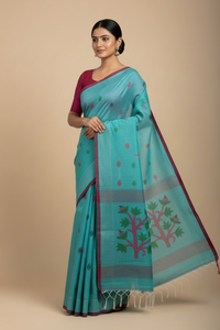 Turquoise Jamdani Bengal Cotton Saree with Red Border and Contrast Motifs