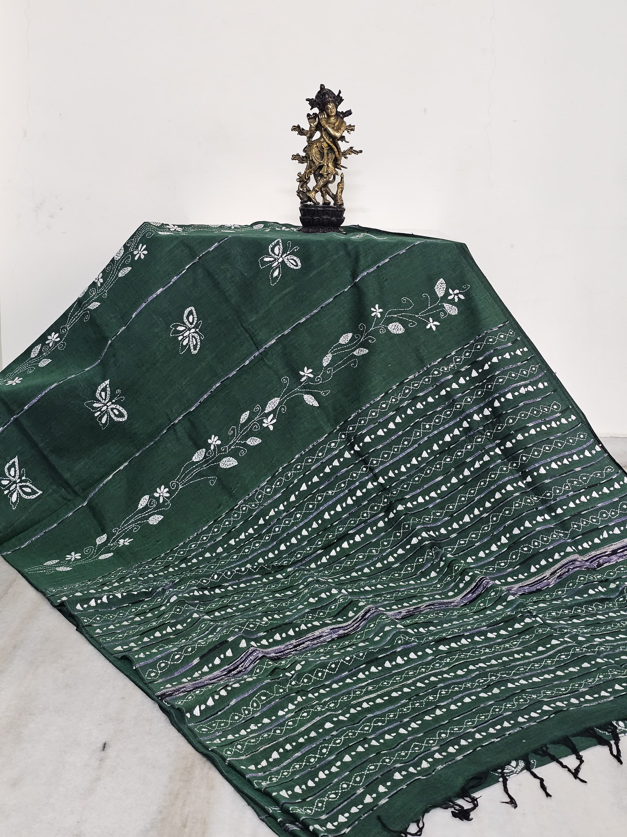 Dark Green Kesh Kantha Cotton Saree
