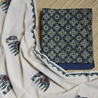 Deep Blue Ajrakh Hand Block Print Cotton Suit Material with Barmer Applique Mul Dupatta | 3-Piece Unstitched Set