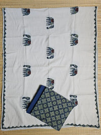 Deep Blue Ajrakh Hand Block Print Cotton Suit Material with Barmer Applique Mul Dupatta | 3-Piece Unstitched Set
