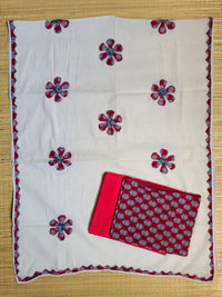 Deep Red Ajrakh Hand Block Print Cotton Suit Material with Barmer Applique Mul Dupatta | 3-Piece Unstitched Set