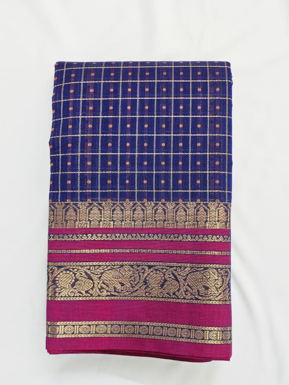 Deepika – Navy Blue Lakshadeepam Handloom Kanchi Cotton Saree with Magenta Zari Border