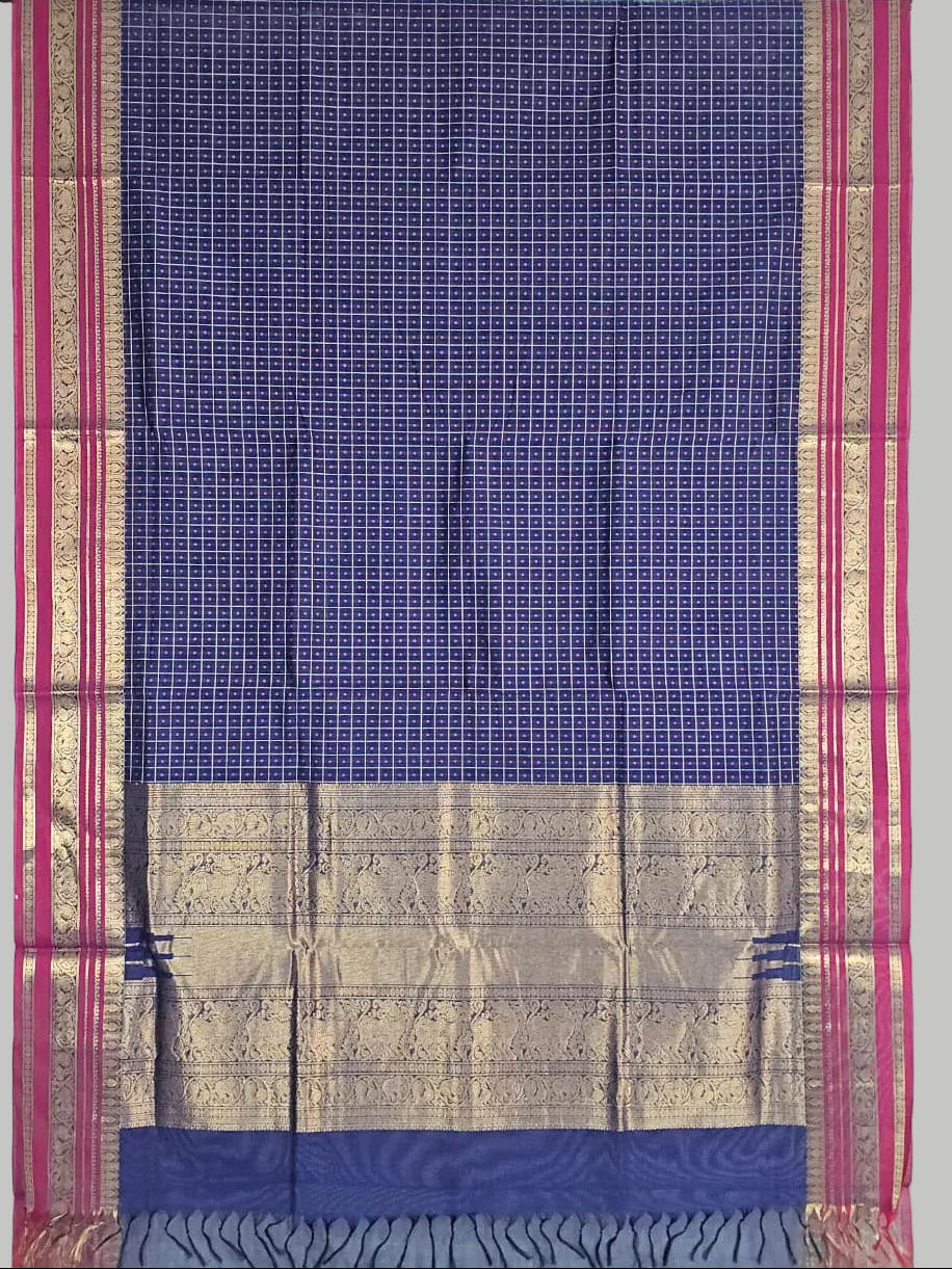 Deepika – Navy Blue Lakshadeepam Handloom Kanchi Cotton Saree with Magenta Zari Border
