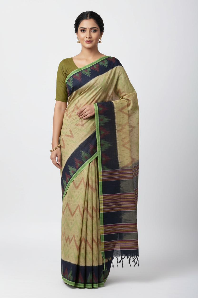 Biscuit Beige Ikkat Cotton Saree with Black Border