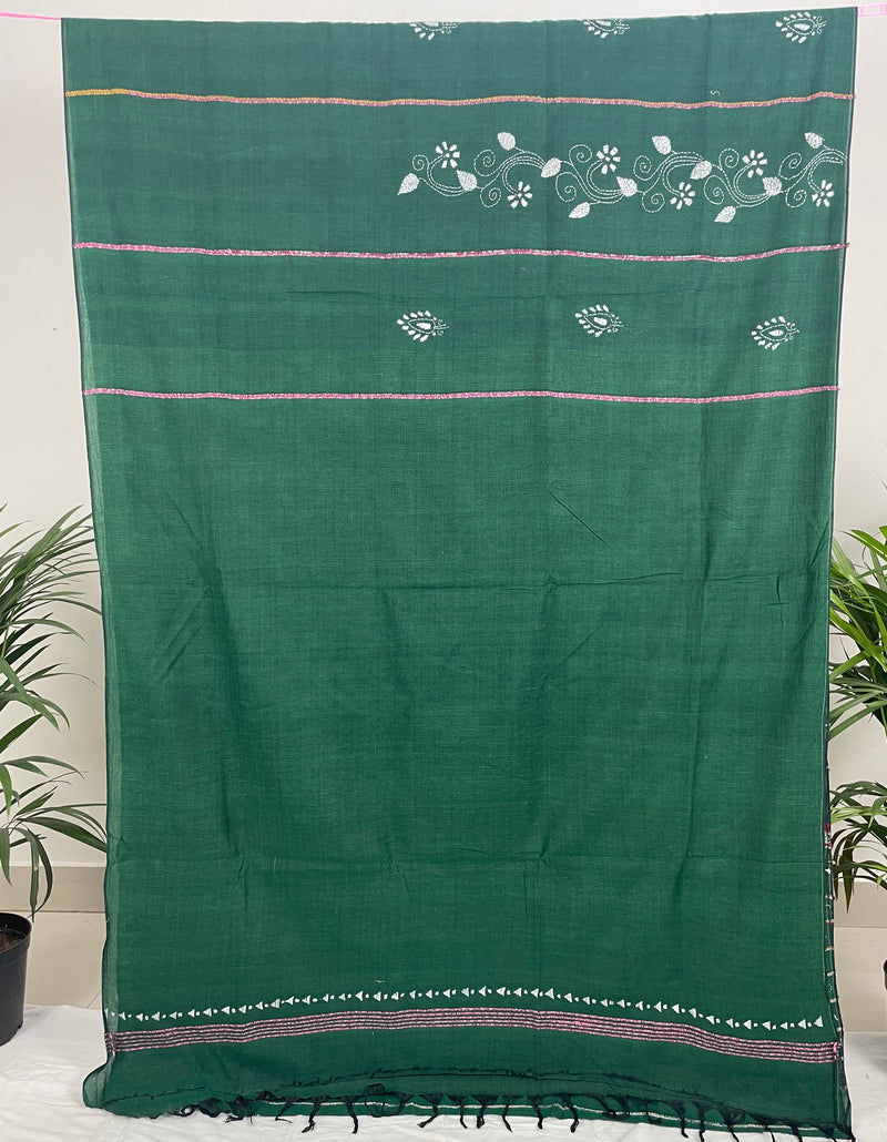 Dark Green Kesh Kantha Handloom Cotton Saree Kleemkaara