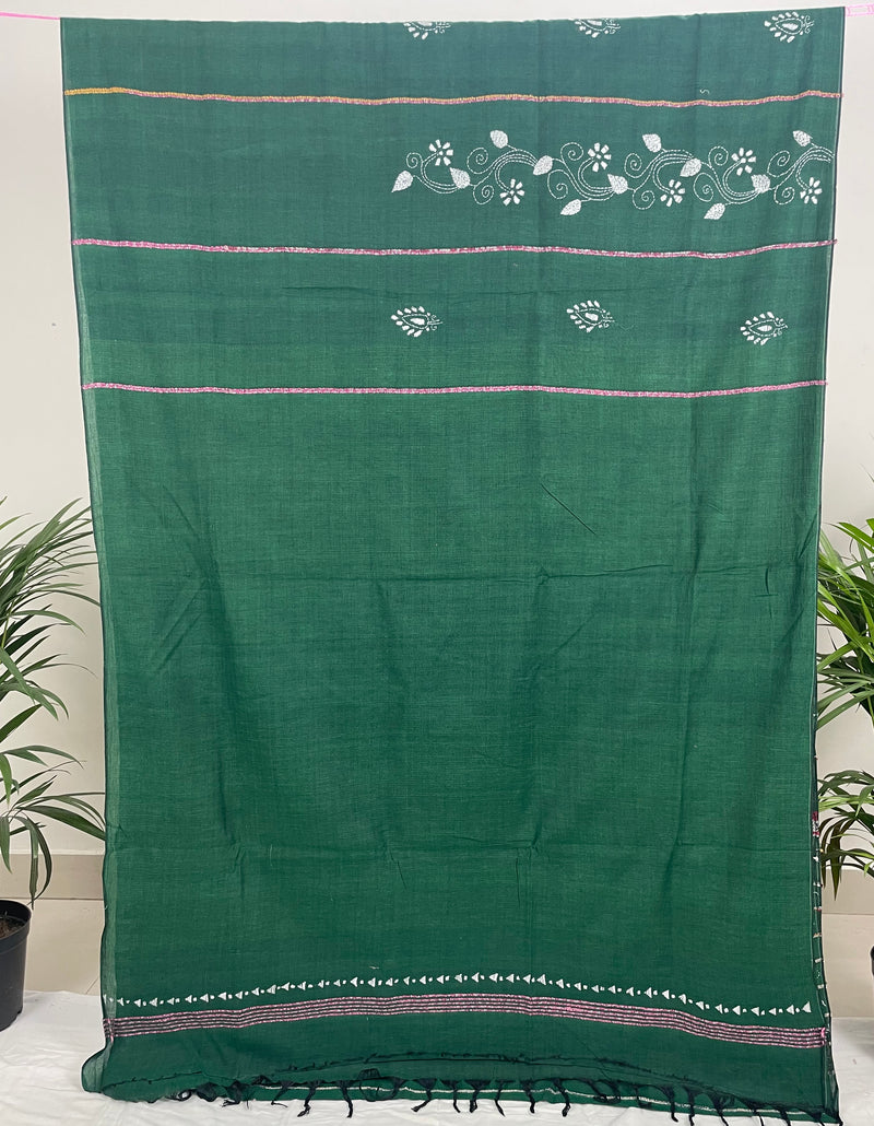 Dark Green Kesh Kantha Cotton Saree