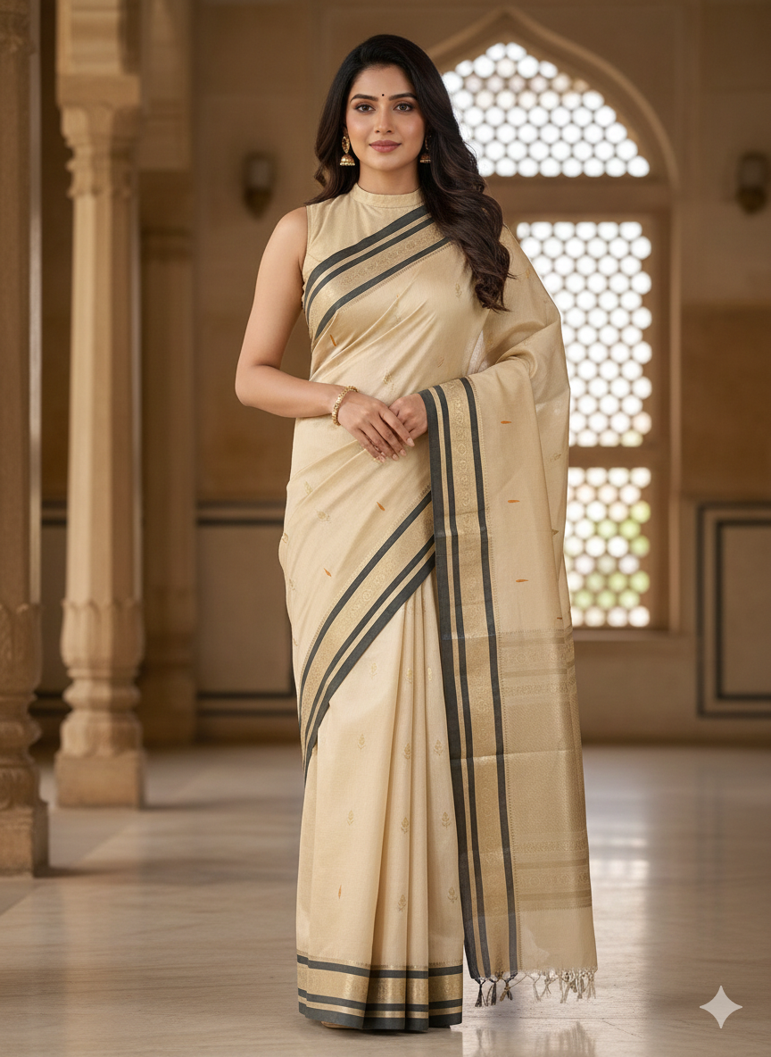 Śvetamālatī  – Off White Handloom Kanchi Silk Cotton Saree with Jasmine Motifs