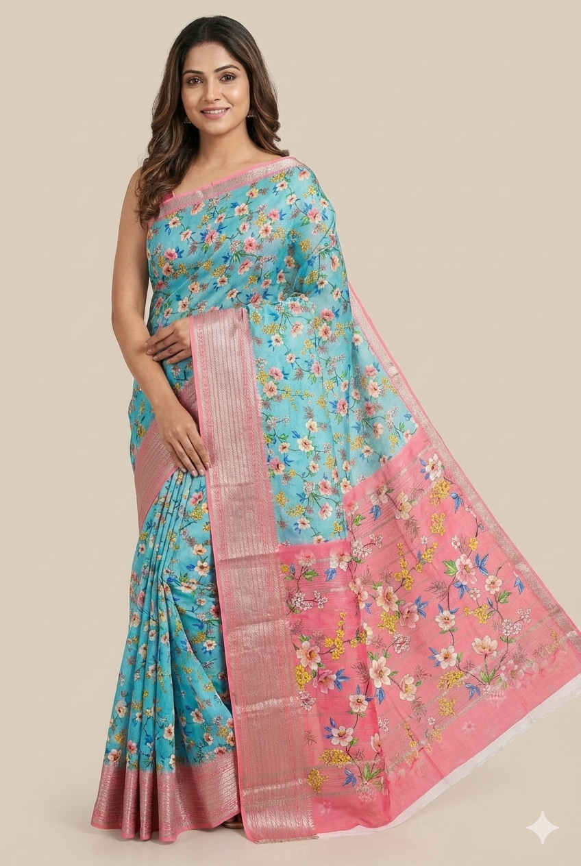 Nīlāmbara – Sky Blue Handloom Mangalagiri Silk Cotton Saree with Digital Print