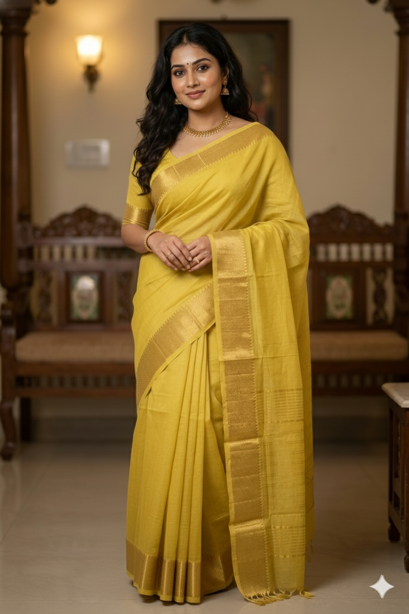 Hemalika – Sampenga Yellow Handloom Mangalagiri Silk Cotton Saree