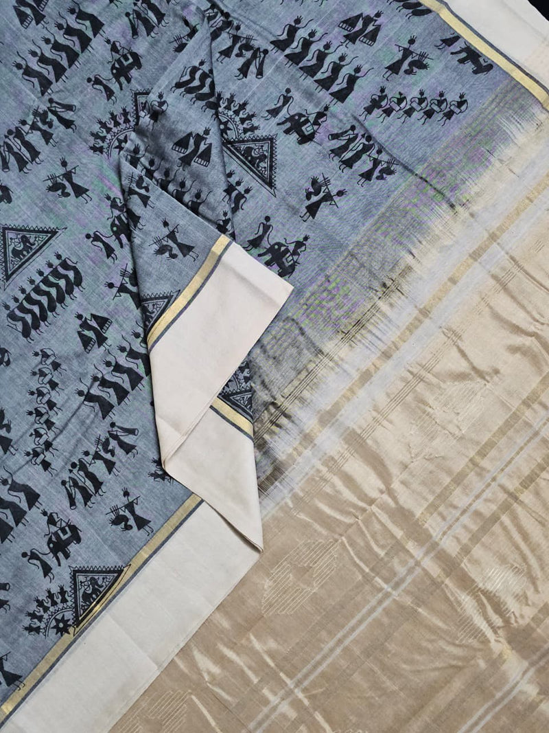 Ghanashyāmā – Grey Handloom Bamboo Cotton Saree with White Border and Silk Pallu