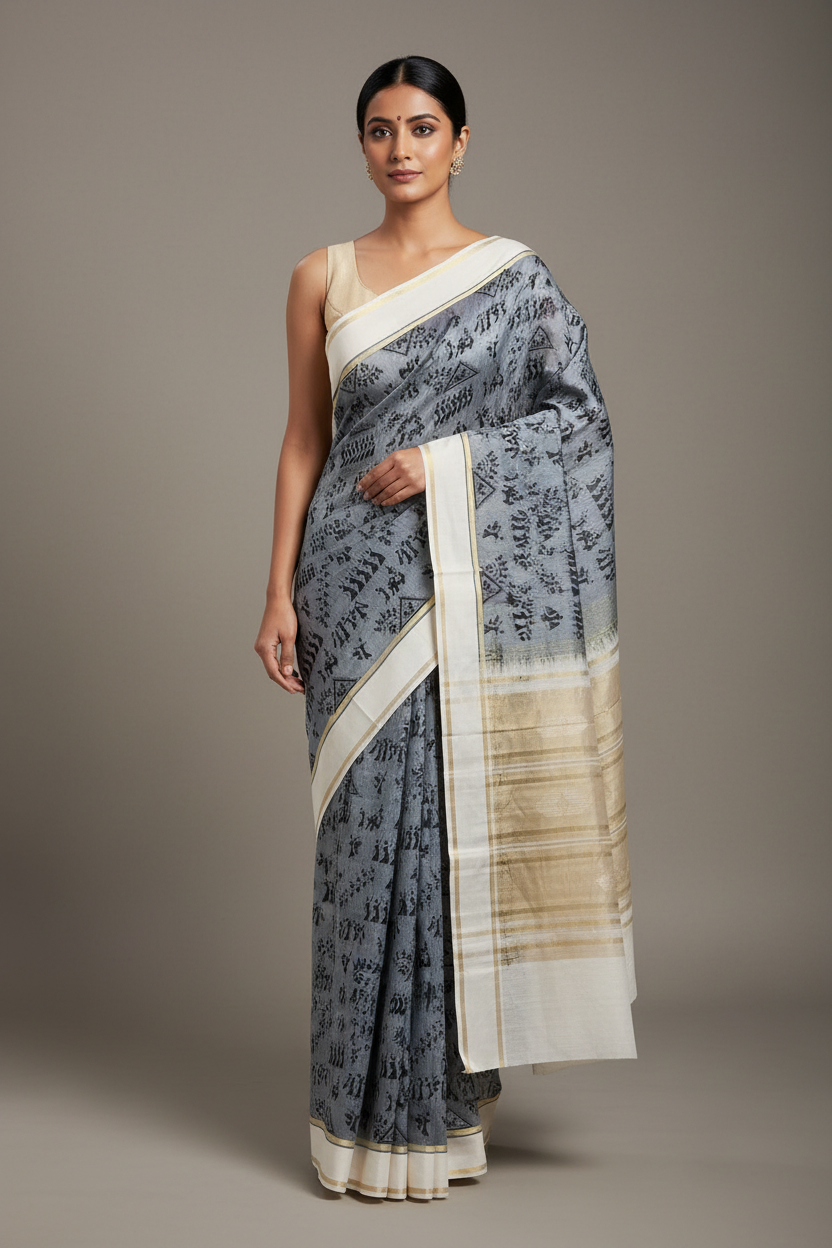 Ghanashyāmā – Grey Printed Handloom Bamboo Cotton Saree with White Border and Silk Pallu