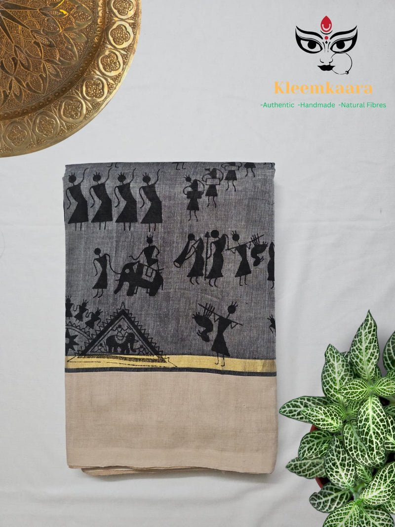Ghanashyāmā – Grey Handloom Bamboo Cotton Saree with White Border and Silk Pallu