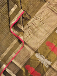 A close up of Lakshadeepam Handloom Kanchi Silk Cotton Saree | Golden Brown with Yaali Motifs Pallu | Heritage Handloom