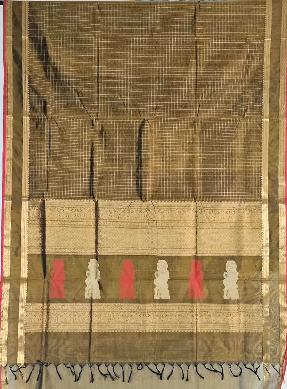 Lakshadeepam Handloom Kanchi Silk Cotton Saree | Golden Brown with Yaali Motifs Pallu | Heritage Handloom