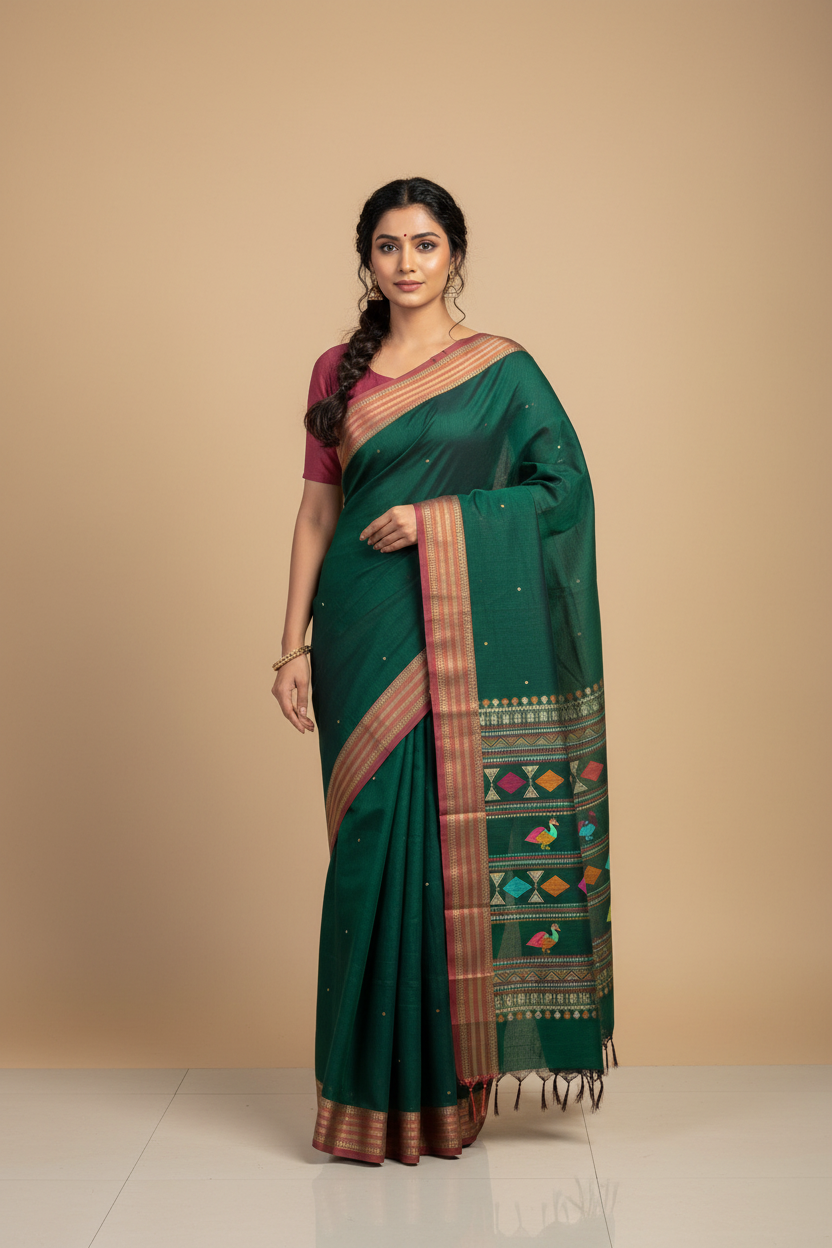 Green Bomkai Pallu Handloom Kanchi Cotton Saree