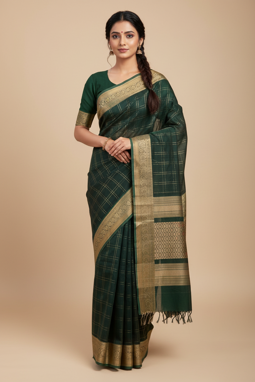 Green 96 Reed Checkered Handloom Kanchi Cotton Saree