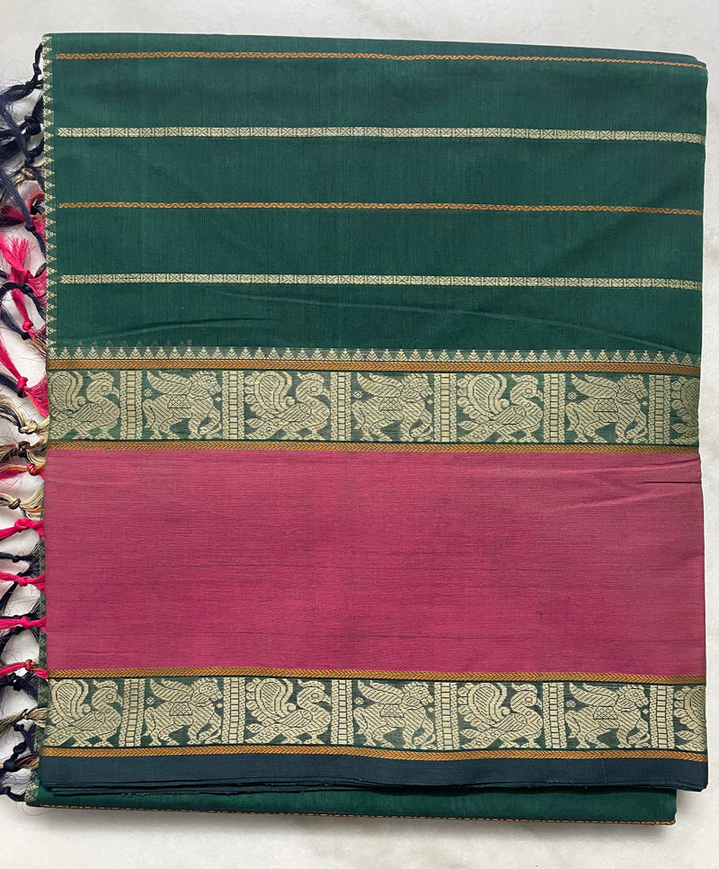 Green H Stripes Handloom Kanchi Cotton Saree