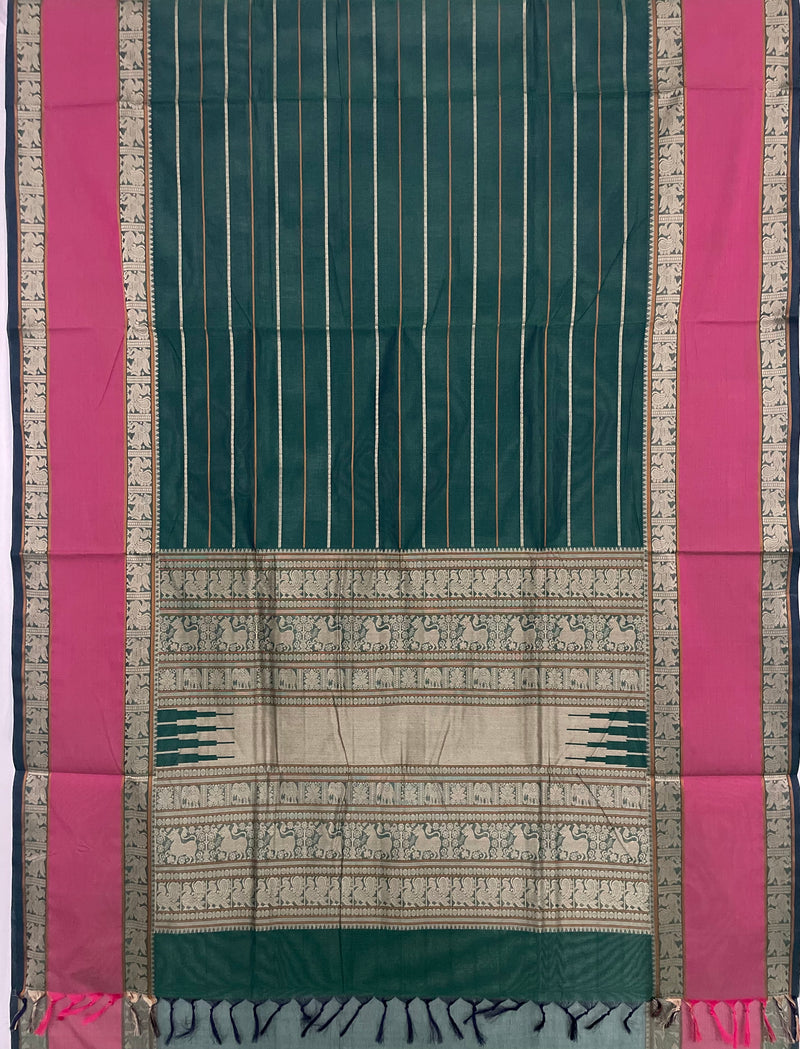 Green H Stripes Handloom Kanchi Cotton Saree