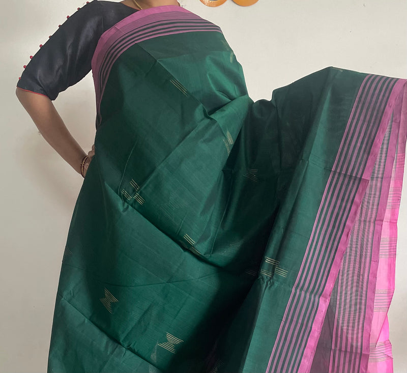 Green Handloom Gongura Cotton Saree with Pink