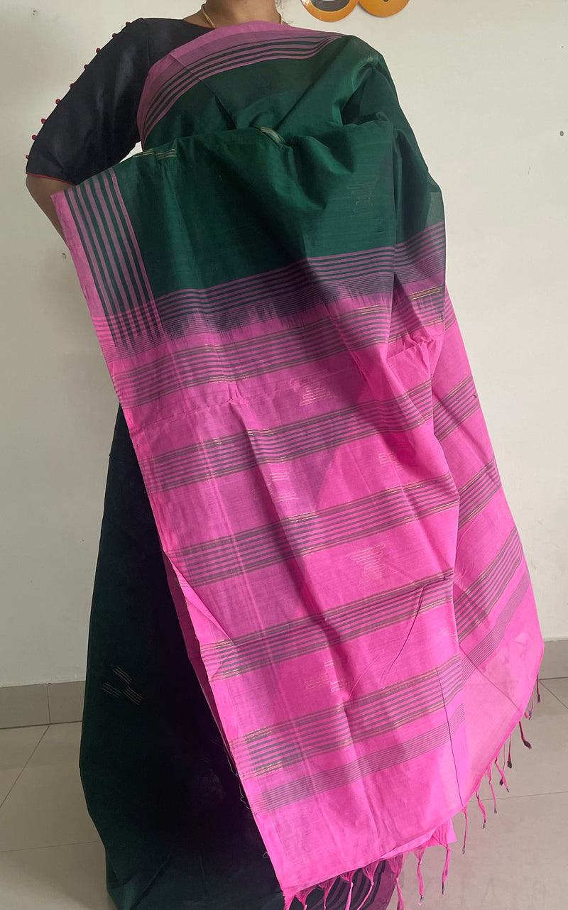 Green Handloom Gongura Cotton Saree with Pink