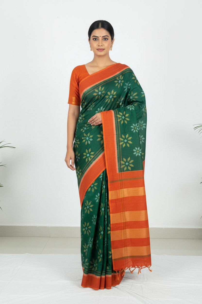 Green Ikkat Cotton Saree with Orange Border