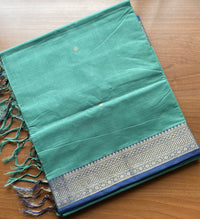 Green Handloom Kanchi Cotton Saree with Blue Border