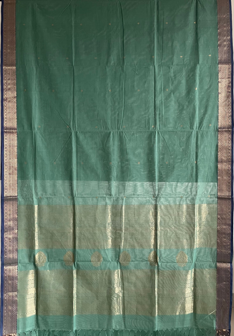 Green Handloom Kanchi Cotton Saree with Blue Border