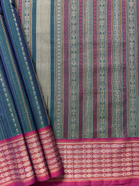 Green Blue Dual Tone Stripes Handloom Kanchi Cotton Saree