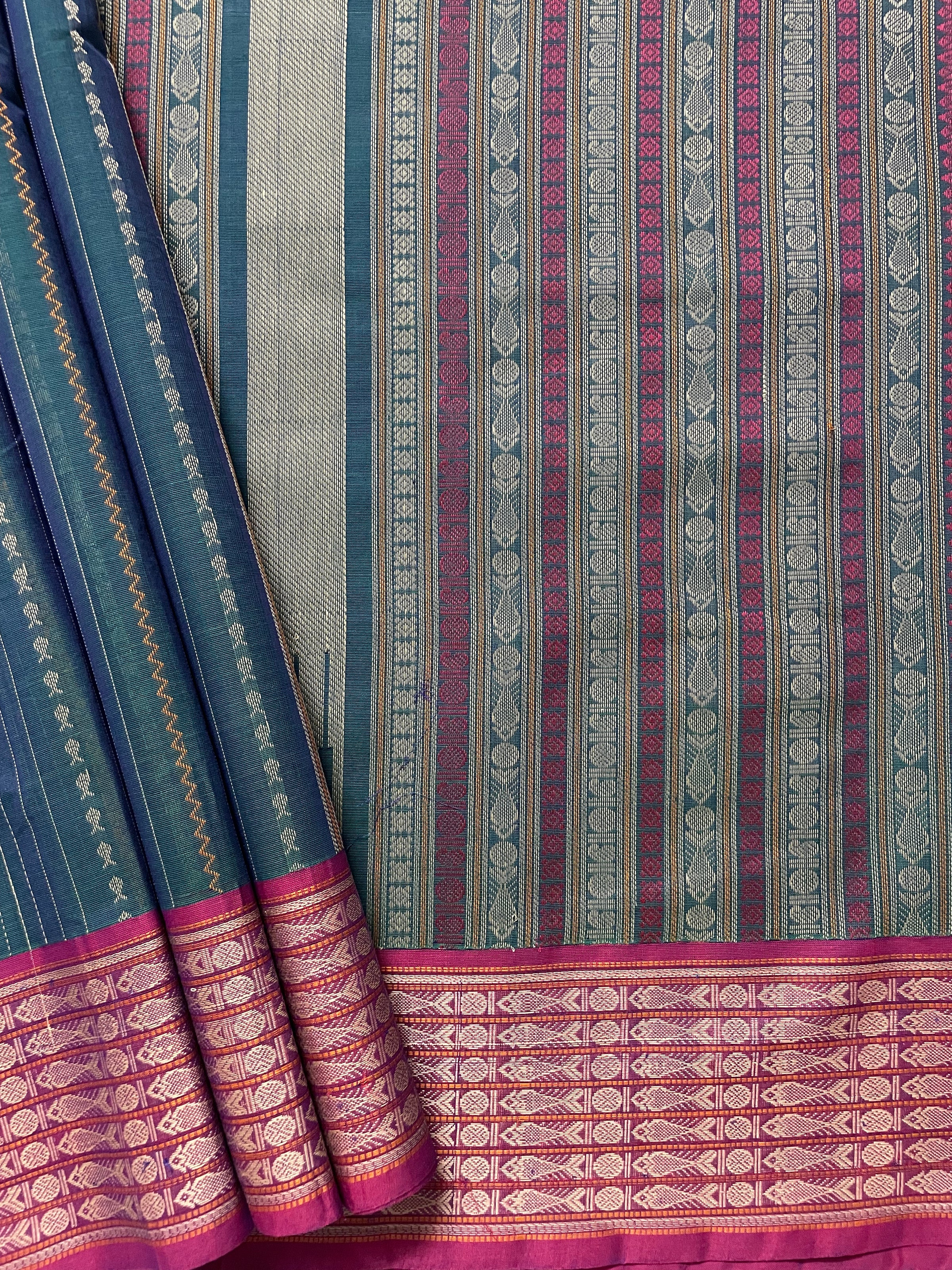 Green Blue Dual Tone Stripes Handloom Kanchi Cotton Saree