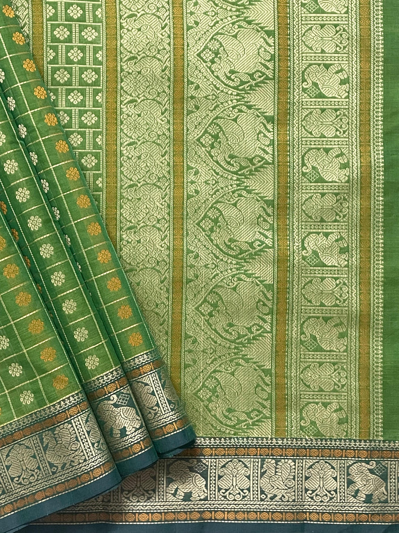 Green Floral Thousand Butta Handloom Kanchi Cotton Saree with Bottle Green Border