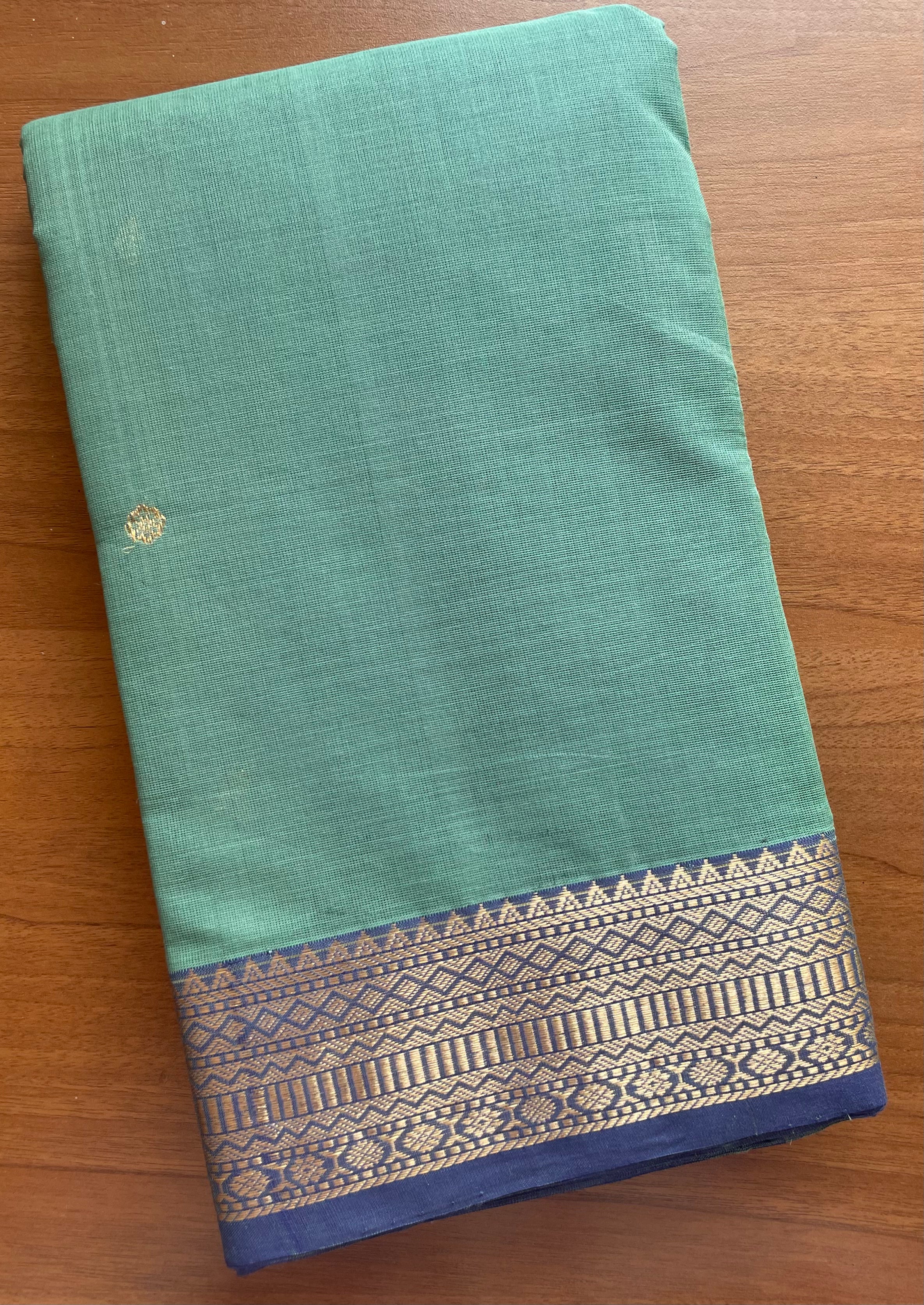 Green Handloom Kanchi Cotton Saree with Blue Border
