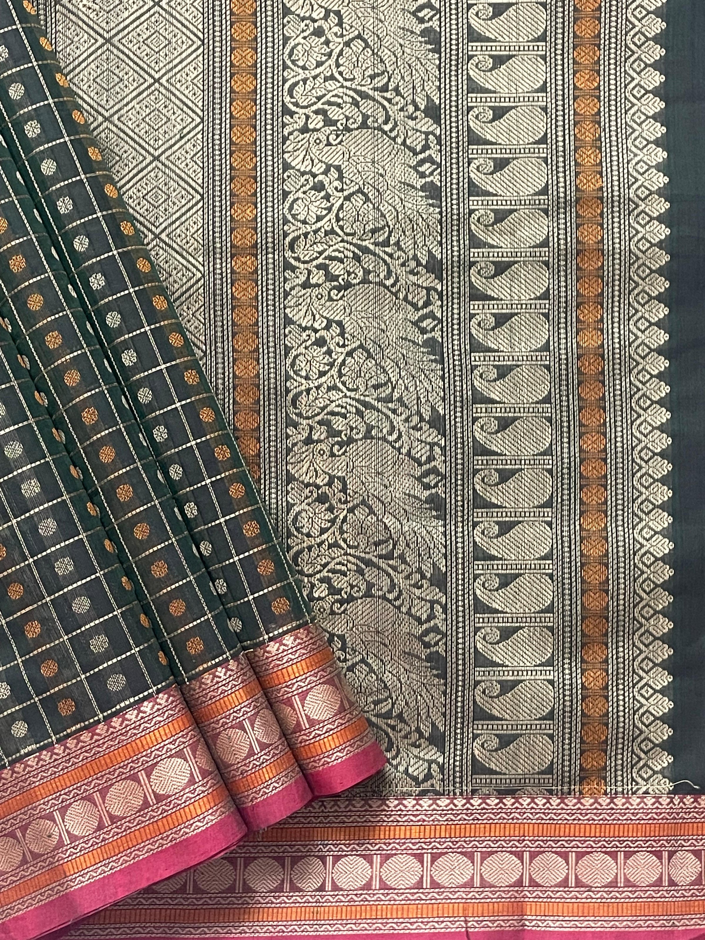 Green and Brown Dual Tone Lakshadeepam Handloom Kanchi Cotton Saree
