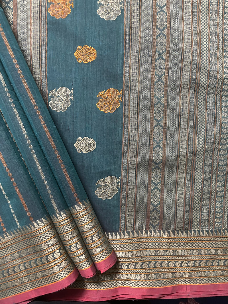 Green and Burgundy Dual Tone Handloom Kanchi Cotton Saree