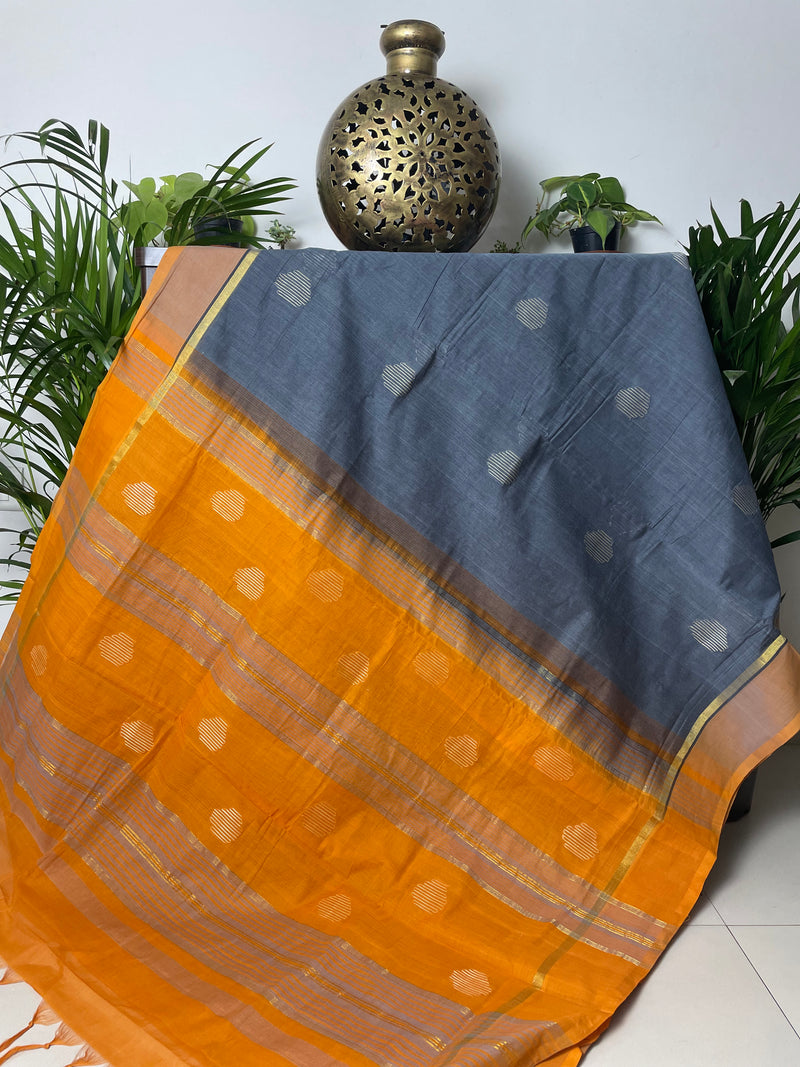 Grey Banana Cotton Zari Saree