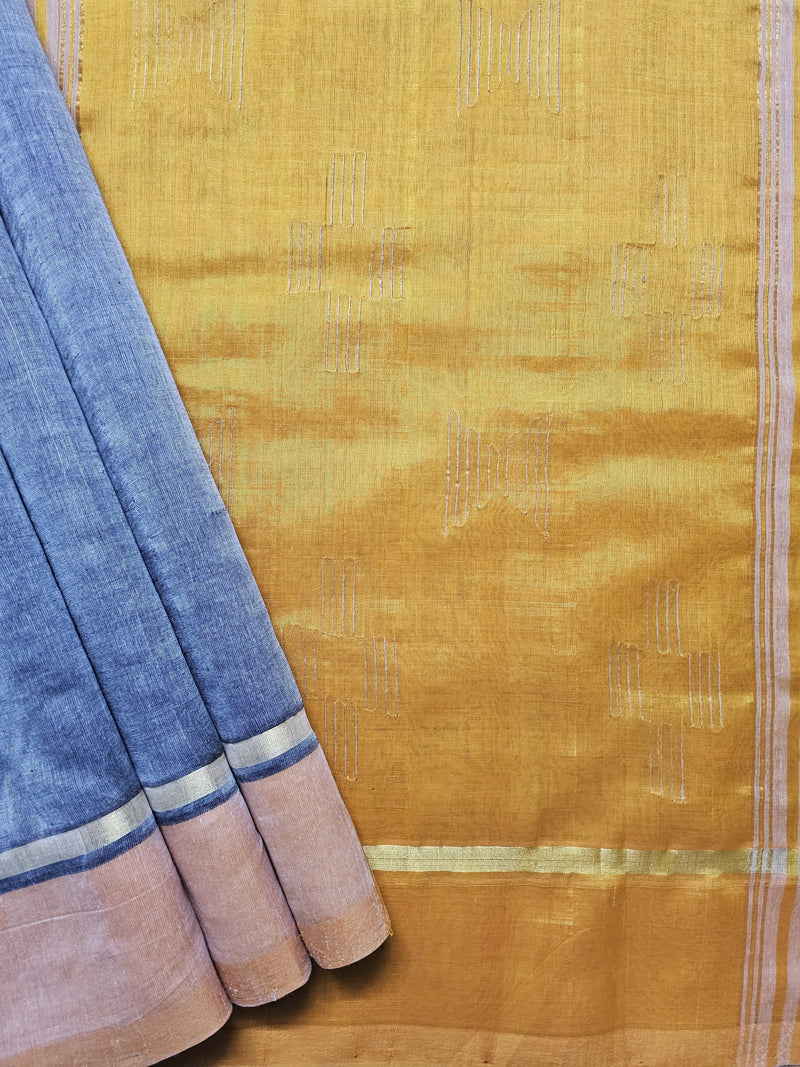 Grey Handloom Bamboo Cotton Saree with Yellow Border