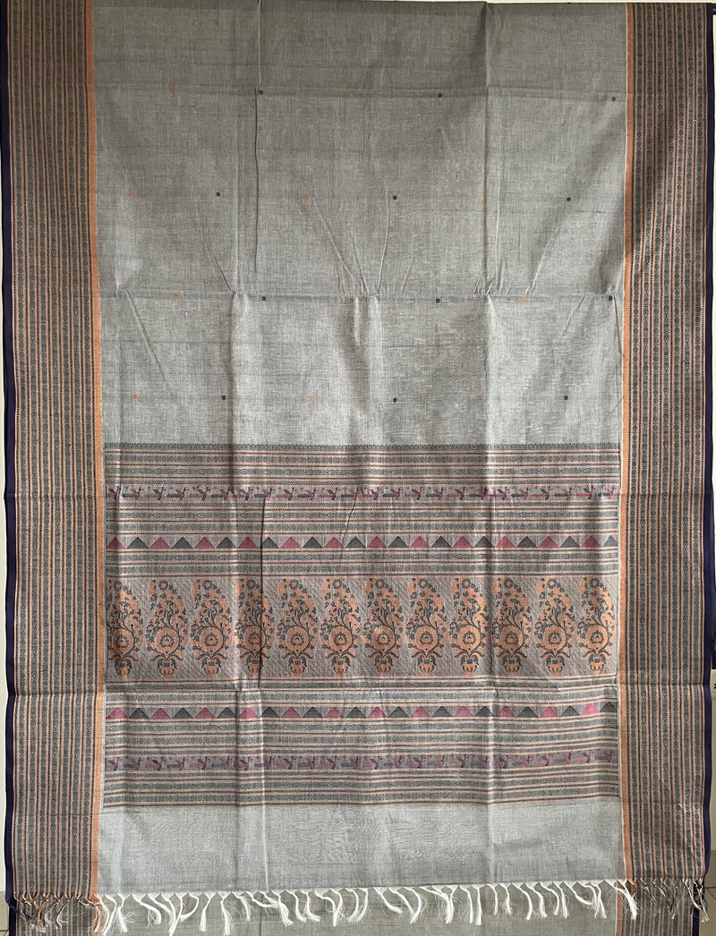 Grey Handloom Kanchi Cotton Saree with Bomkai Pallu and Big Fish Border