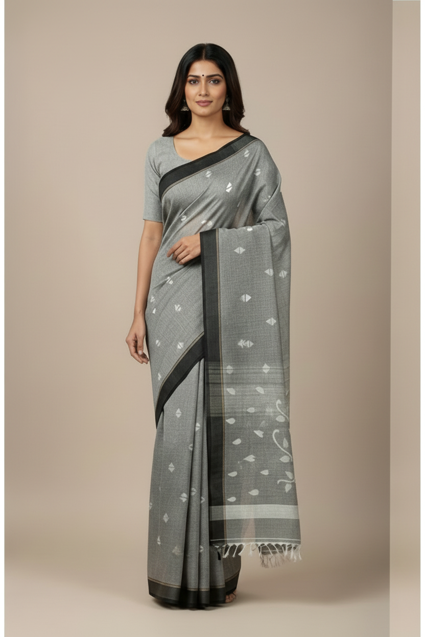 Grey Khadi Handloom Jamdhani Saree