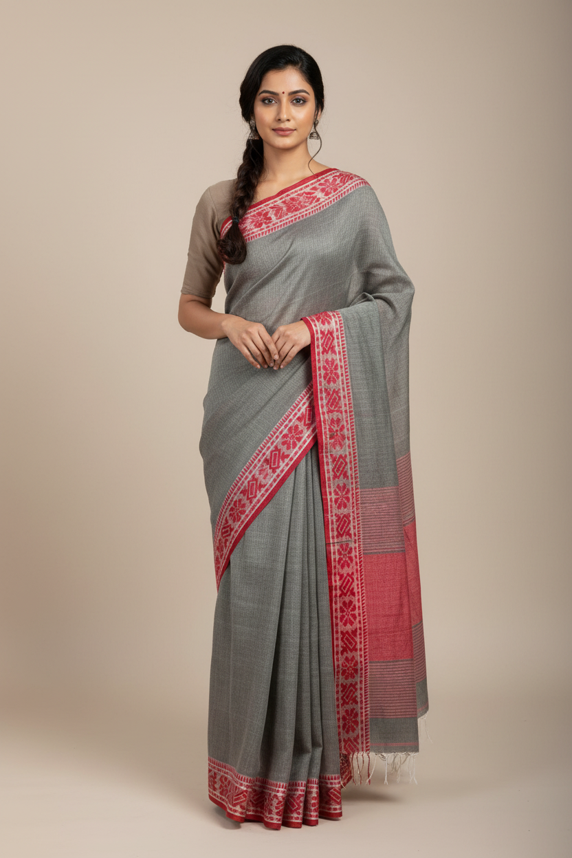 Grey Handloom Khadi Saree with Red Matka Silk Pallu