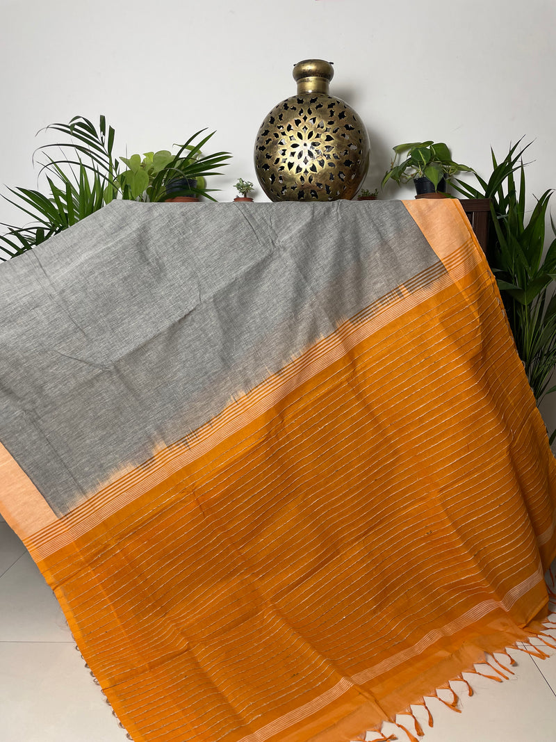 Grey Hemp Cotton Saree with Yellow Pallu and Border