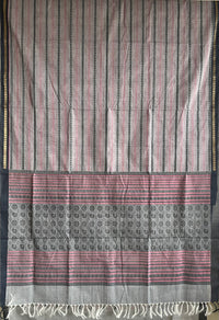 Grey Horizontal Stripes Handloom Kanchi Cotton Saree