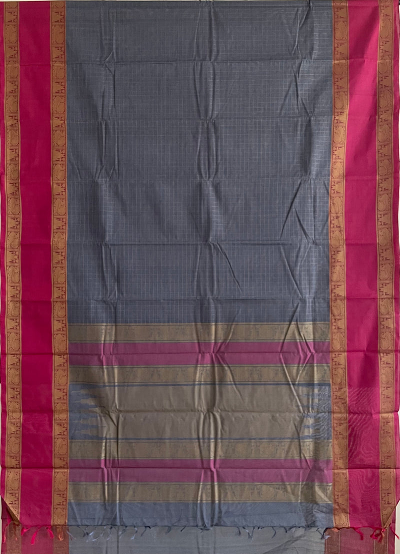 Dark Grey Handloom Kanchi Cotton Saree with Pink Border