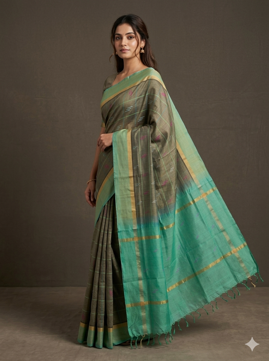 Woman in Grey Checkered Handloom Venkatagiri Silk Cotton Saree