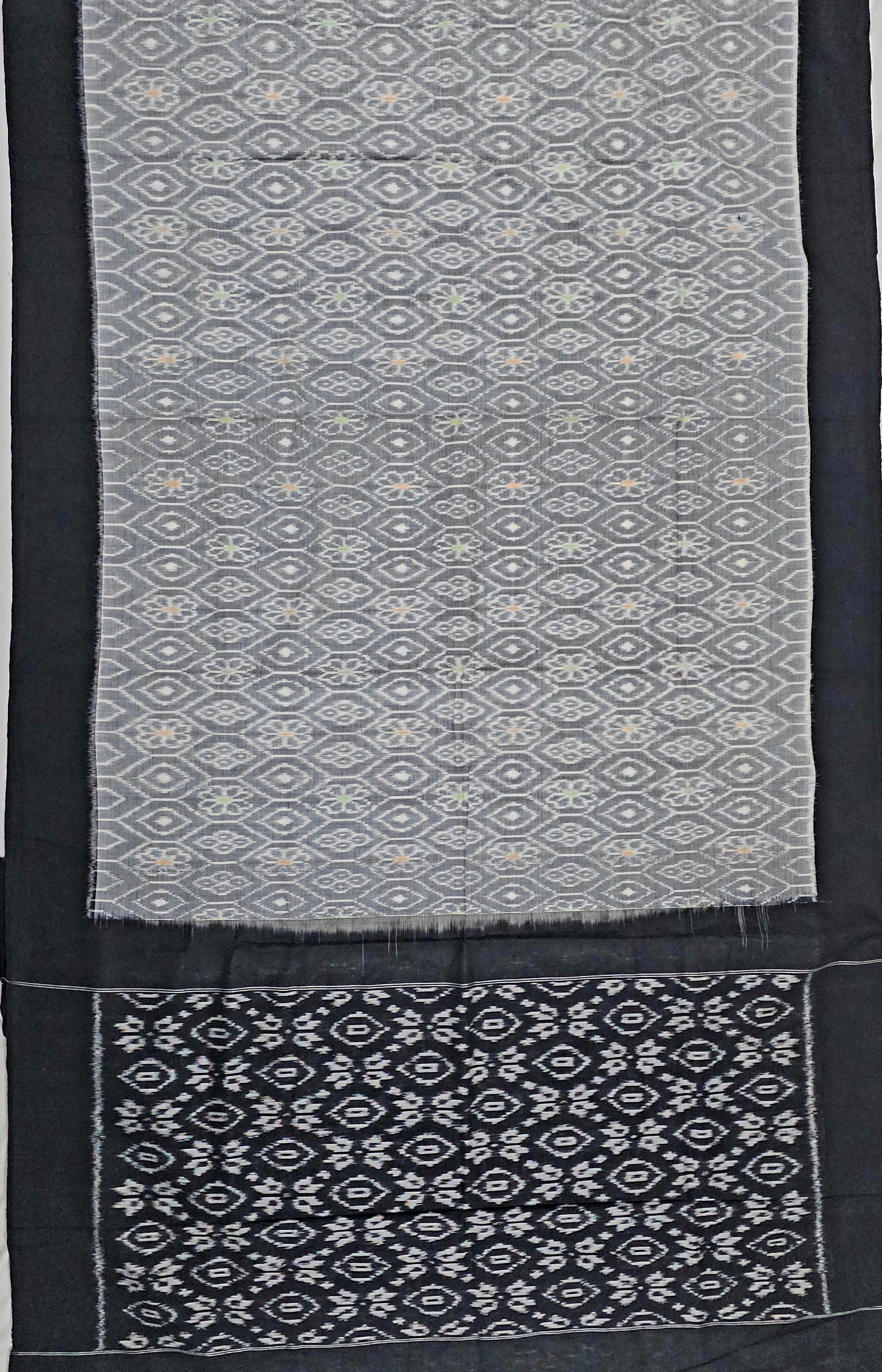 Grey and Black Handloom Pochampally Ikkat Mercerized Cotton Saree