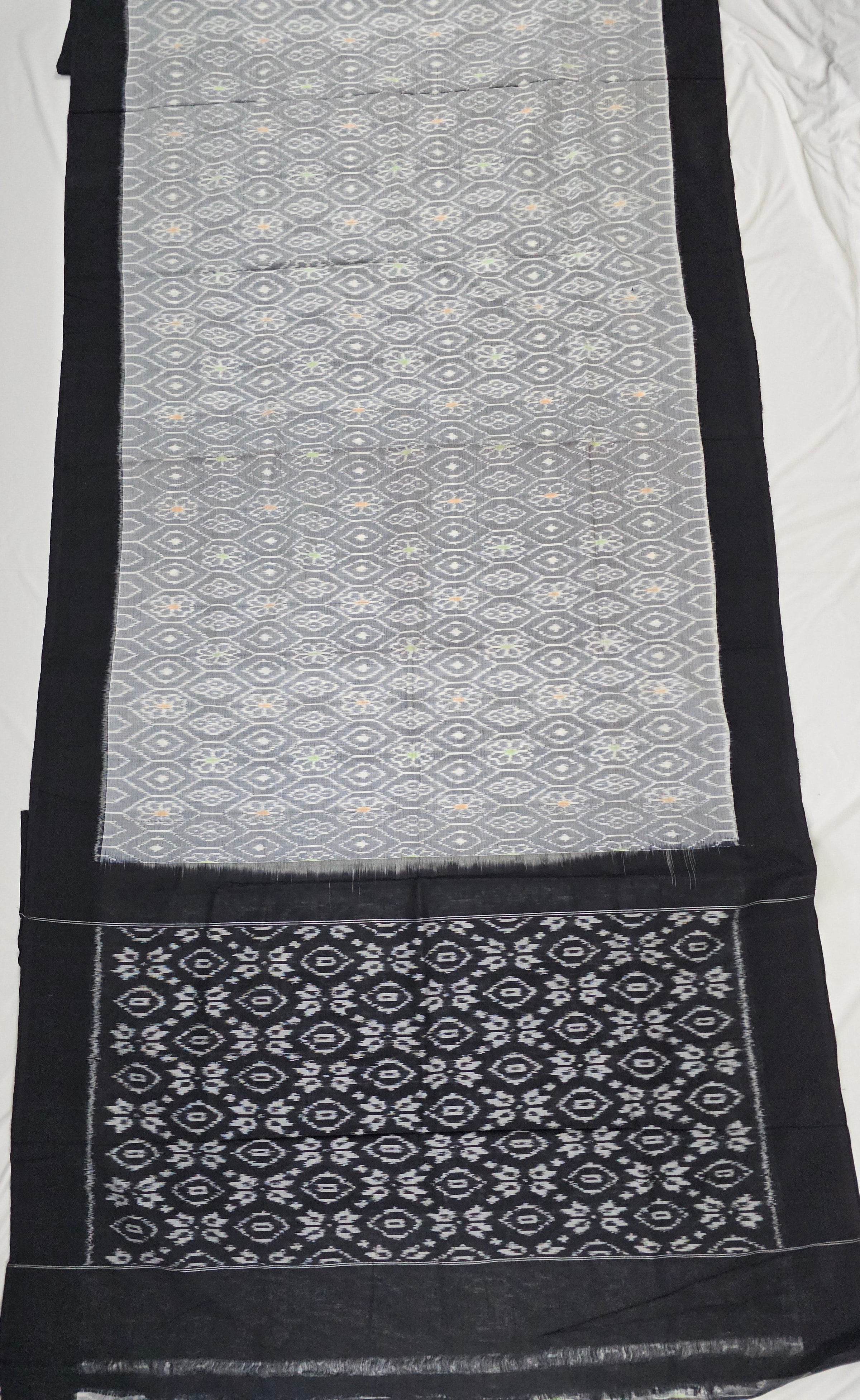 Grey and Black Handloom Pochampally Ikkat Mercerized Cotton Saree