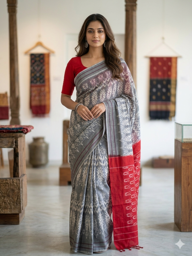 woman wearing Grey and White Handloom Pochampally Ikkat Mercerized Cotton Saree