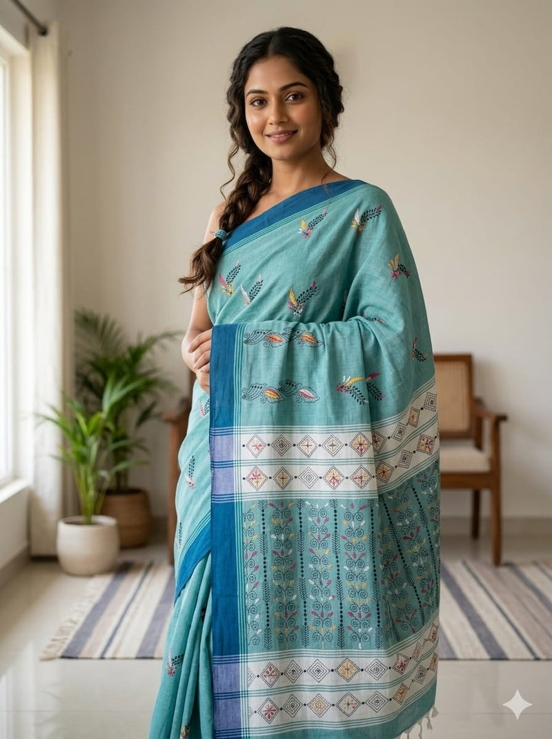 Haripriya – Sea Green Kantha Hand Embroidered Cotton Saree with Indigo Border