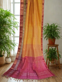 Hemantika – Yellow Handloom Mangalagiri Silk Cotton Saree with Pink Pallu