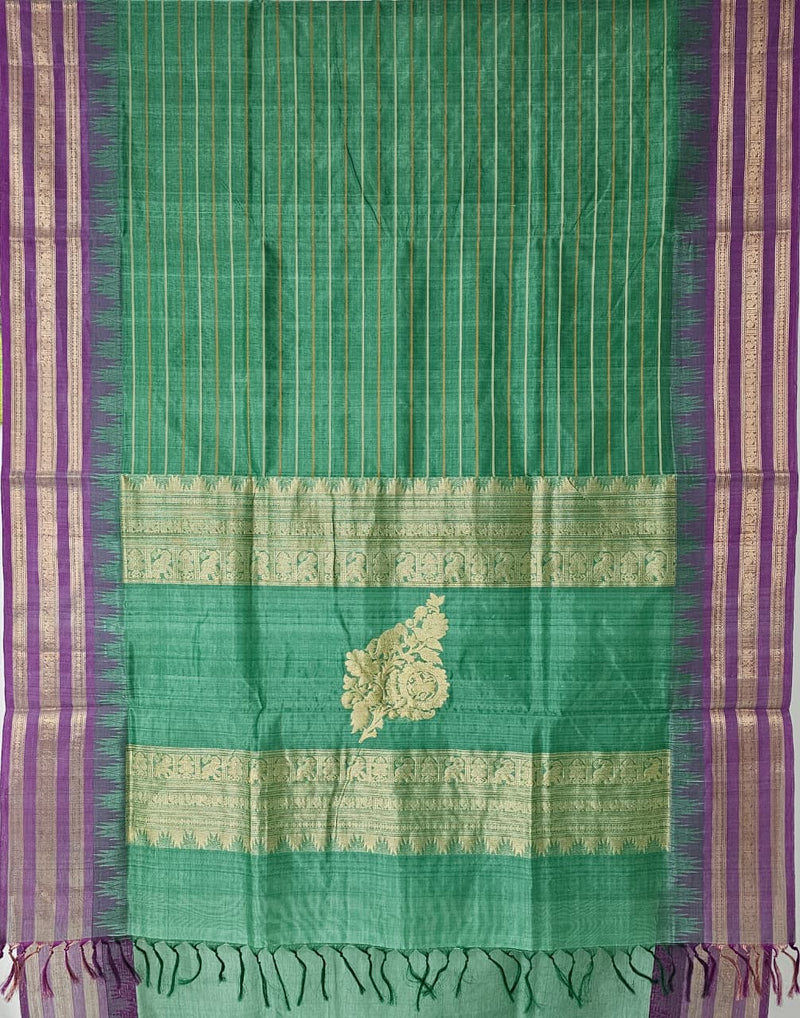 Hemavalli – Green Handloom Kanchi Silk Cotton Saree with Lavender Zari Border