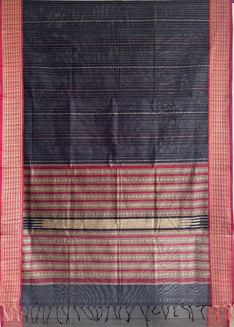 Black Handloom Kanchi Cotton Saree with Stripes & Fish Border